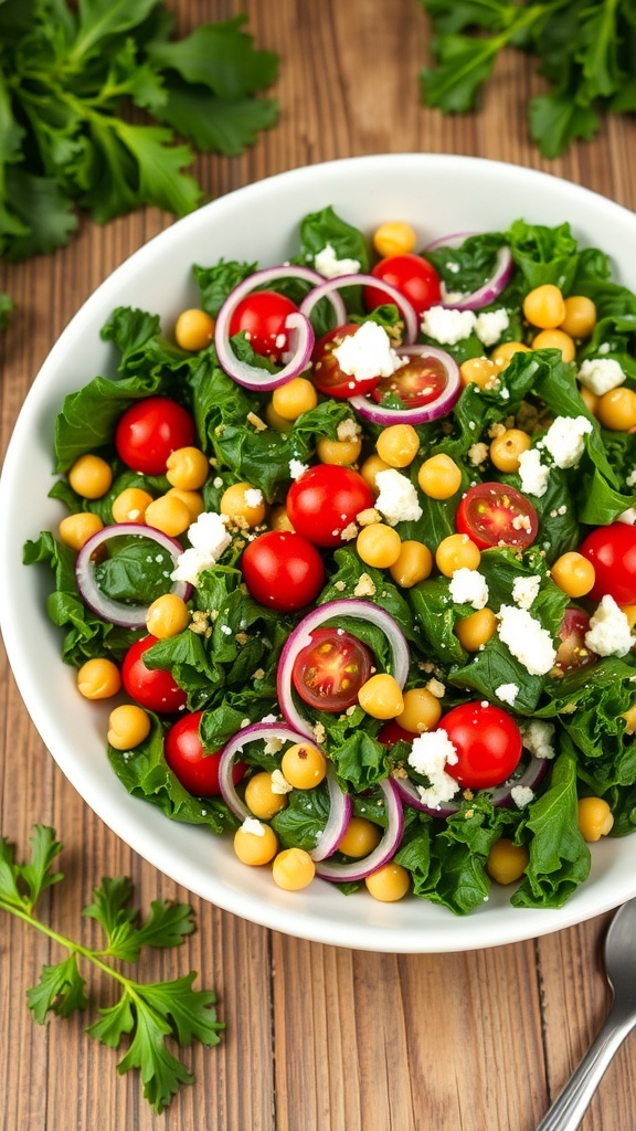 A colorful kale and chickpea salad with cherry tomatoes, red onion, and feta cheese on a wooden table.